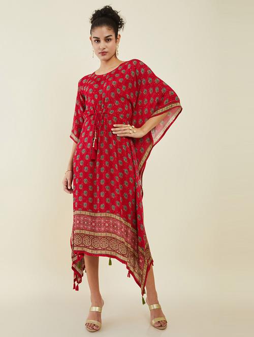 red printed round neck kaftan dresses - 19954021 - Very Small Image - 1