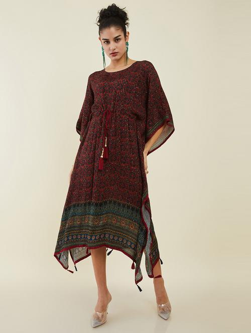 maroon printed round neck kaftan dresses - 19954023 - Very Small Image - 1