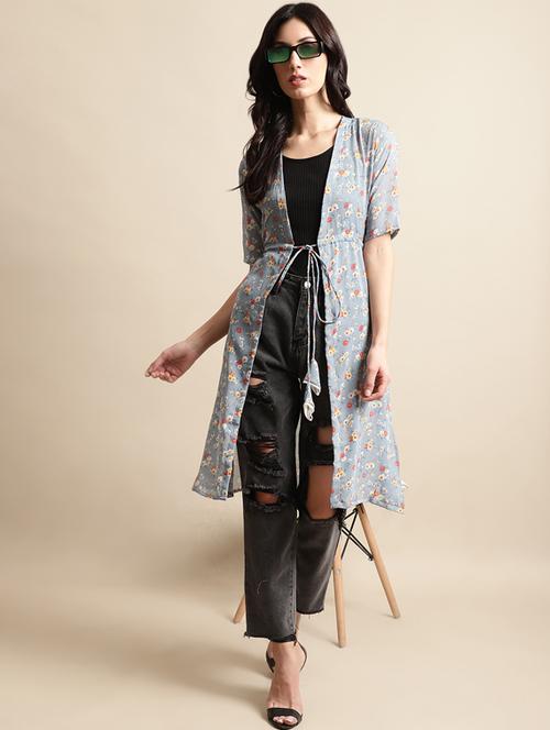 blue floral print three quater sleeves long shrug - 19954297 - Very Small Image - 1