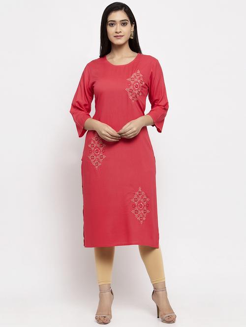 embroidered pink rayon straight kurta - 19956474 - Very Small Image - 1