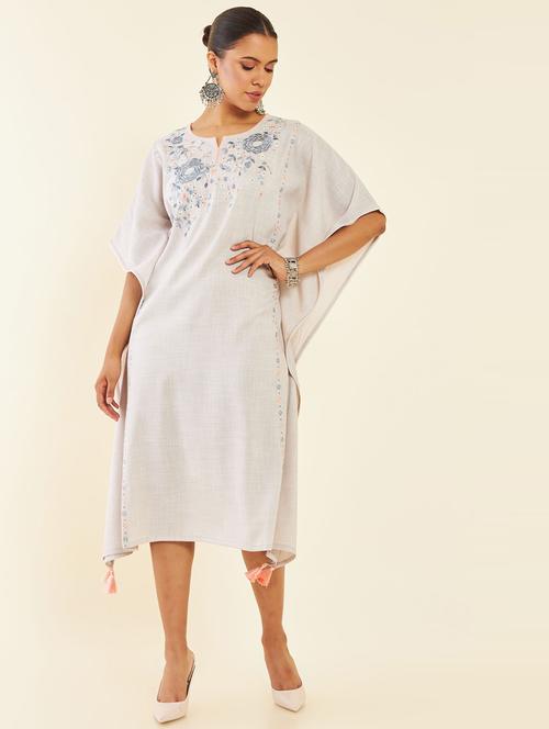 grey floral embroidered notch neck kaftan dresses - 19957281 - Very Small Image - 1