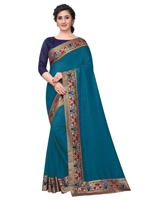 blue solid with borders plain saree with blouse - 19958652 - Very Small Image - 1