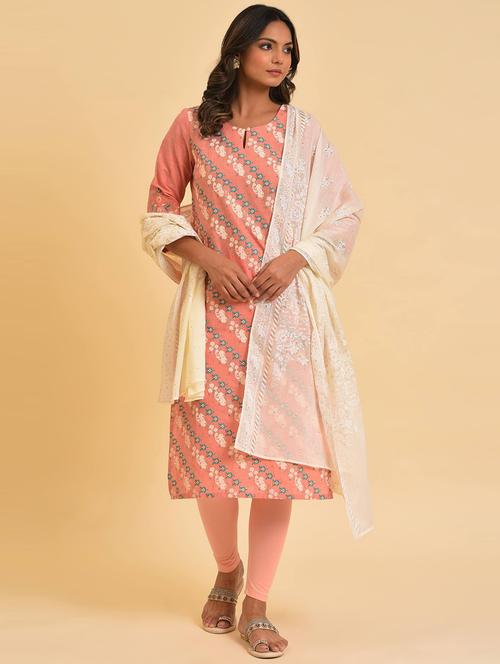 keyhole neck printed kurta churidaar set - 19960359 - Very Small Image - 1