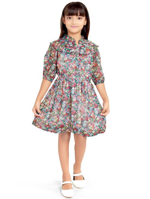 multi colored printed mandarin neck frock - 19960471 - Very Small Image - 1