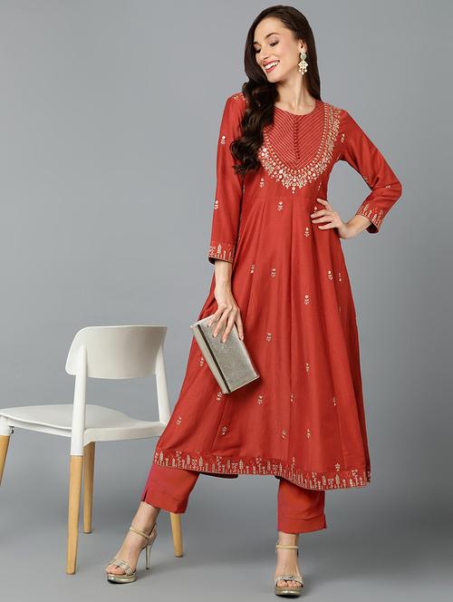 orange round neck a-line kurta - 19961869 - Very Small Image - 1