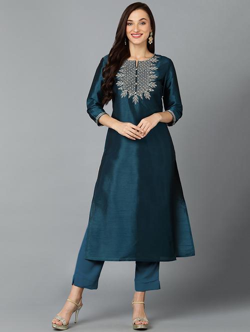 teal round neck straight kurta - 19961870 - Very Small Image - 1