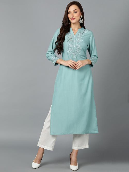 turquois solid straight kurta - 19961881 - Very Small Image - 1