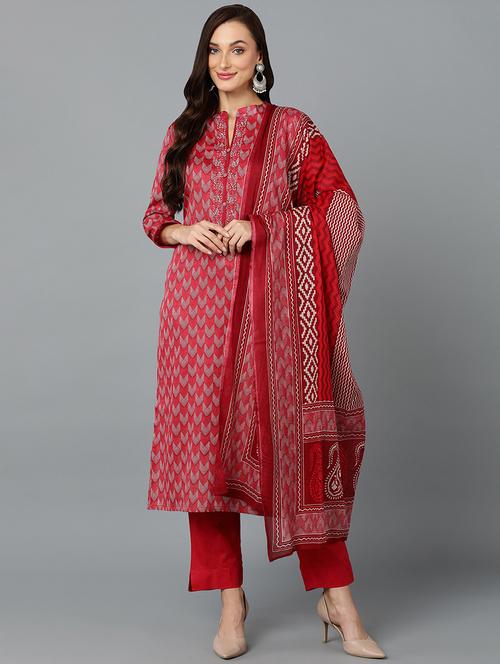 red printed kurta palazzo set with dupatta - 19961914 - Very Small Image - 1