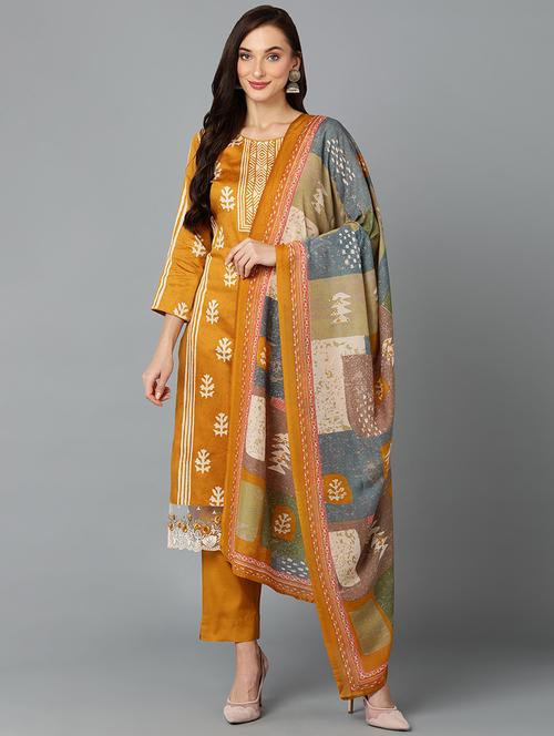 mustard printed kurta palazzo set with dupatta - 19961927 - Very Small Image - 1