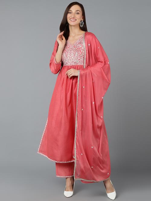 pink solid kurta palazzo set with dupatta - 19961950 - Very Small Image - 1