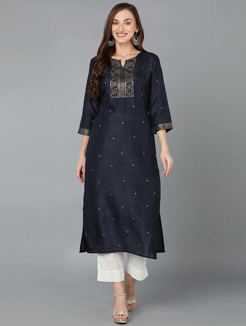 navy blue round neck straight kurta - 19961958 - Very Small Image - 1