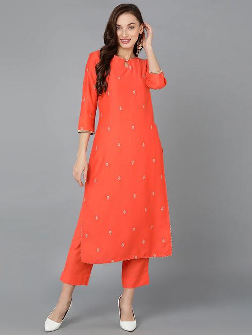orange embroidered key hole neck straight kurta - 19961961 - Very Small Image - 1