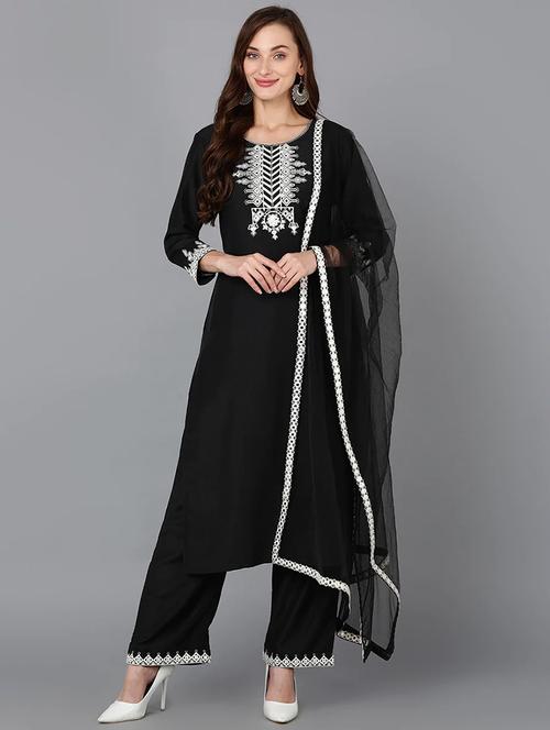 black solid kurta pant set with dupatta - 19961967 - Very Small Image - 1