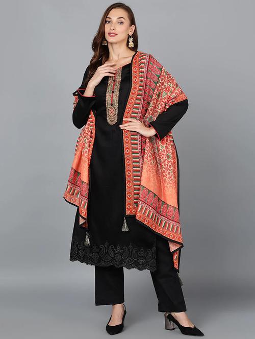 black solid kurta pant set with dupatta - 19961977 - Very Small Image - 1