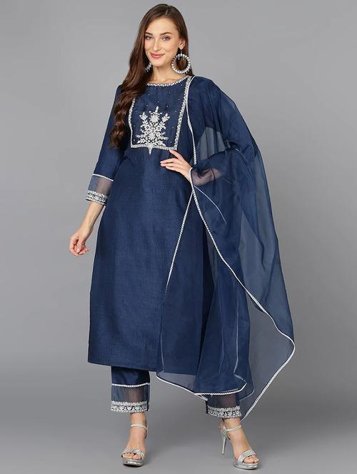 bluen solid kurta pant set with dupatta - 19961995 - Very Small Image - 1