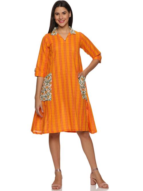 orange shirt collar printed a-line ethnic dress - 19962010 - Very Small Image - 1