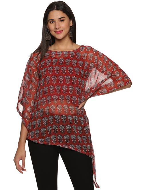red boat neck printed asymmetric kaftan - 19962024 - Very Small Image - 1