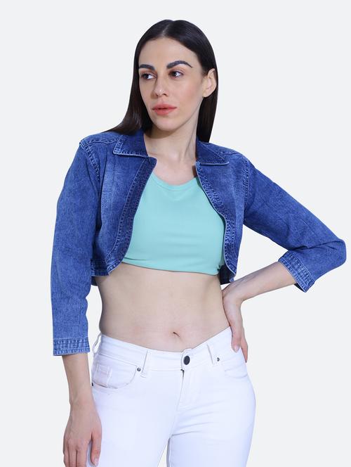 light blue solid cropped denim jacket - 19962958 - Very Small Image - 1