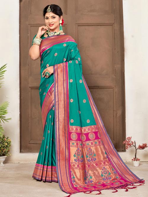turquoise silk paithani saree - 19963290 - Very Small Image - 1