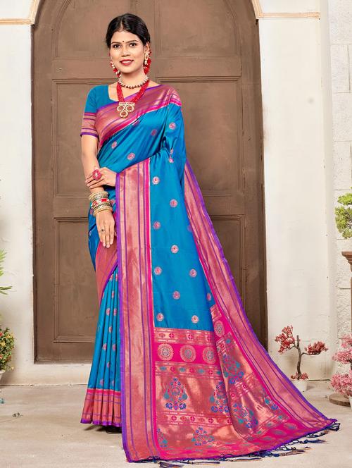 sky blue silk paithani saree - 19963293 - Very Small Image - 1