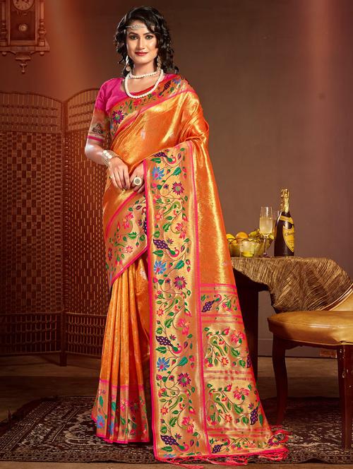 orange silk paithani saree - 19963310 - Very Small Image - 1