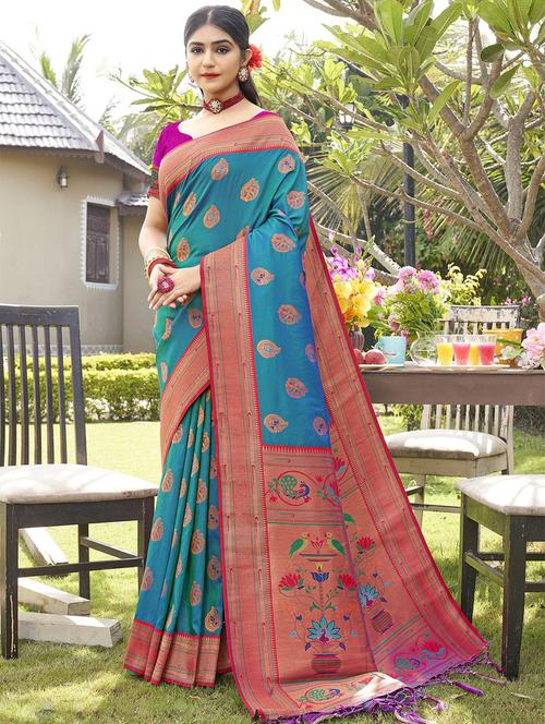turquoise silk paithani saree - 19963353 - Very Small Image - 1
