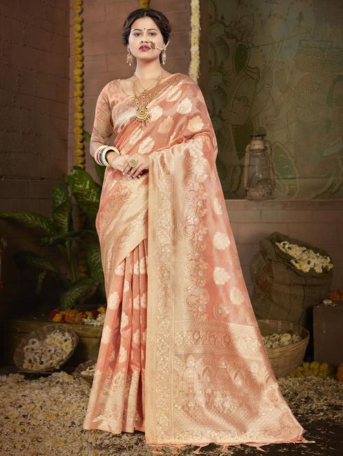peach cotton saree with blouse - 19963359 - Very Small Image - 1