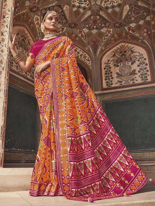 orange printed patola saree with blouse - 19963727 - Very Small Image - 1
