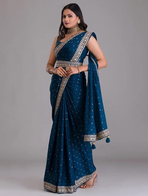 blue solid with border embroidered saree with blouse - 19967868 - Very Small Image - 1