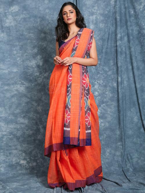 orange cotton blend saree - 19968106 - Very Small Image - 1
