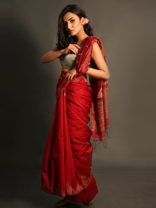 red cotton blend saree - 19968114 - Very Small Image - 1