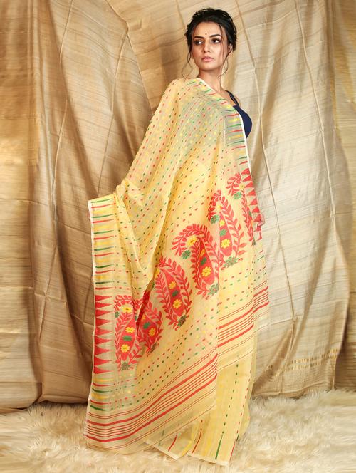 yellow silk blend jamdani saree - 19968116 - Very Small Image - 1