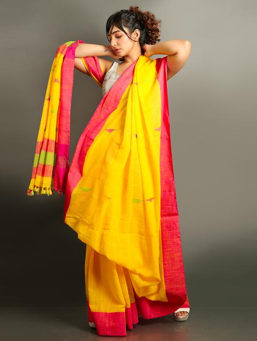 yellow self design hnadloom saree with blouse - 19968255 - Very Small Image - 1