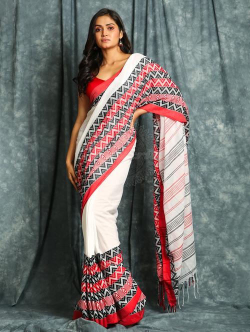 white solid plain saree with blouse - 19968306 - Very Small Image - 1