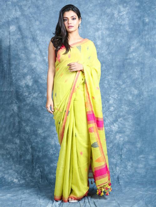 yellow cotton blend handloom saree with blouse - 19968313 - Very Small Image - 1