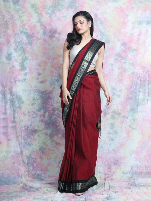 maroon cotton solid saree with blouse - 19968350 - Very Small Image - 1