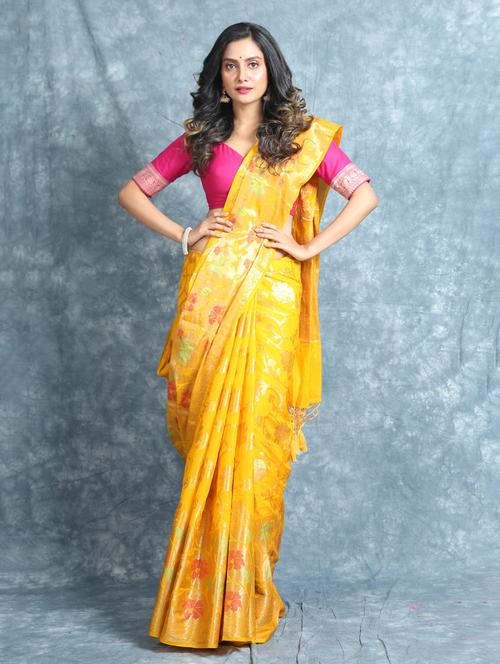 yellow self design woven saree - 19968389 - Very Small Image - 1