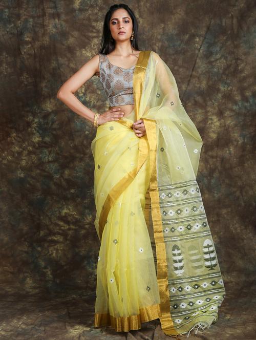 yellow self design woven saree with blouse - 19968414 - Very Small Image - 1