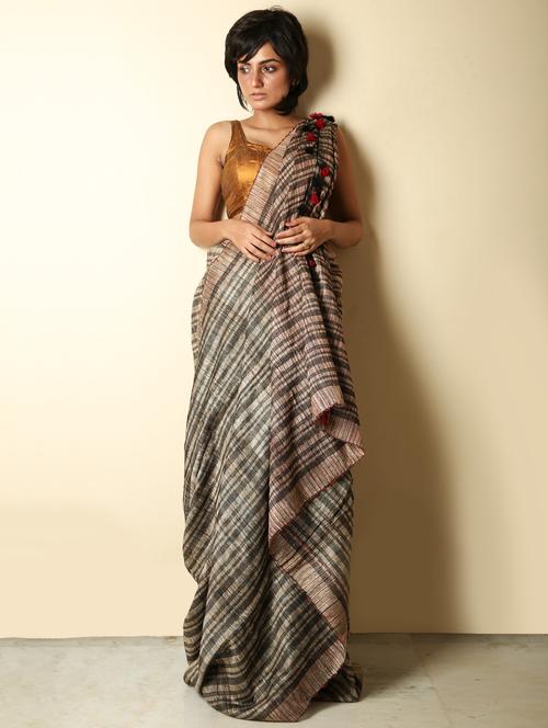 beige stripes woven saree with blouse - 19968420 - Very Small Image - 1