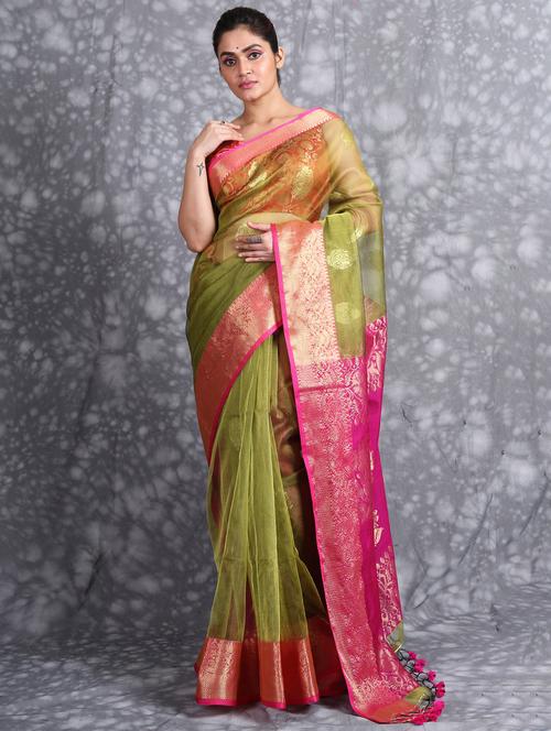 olive self design woven saree with blouse - 19968480 - Very Small Image - 1