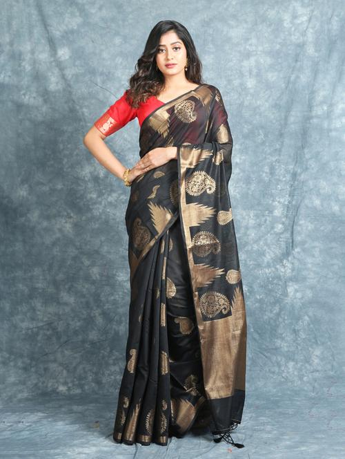 women's self design black colored saree with blouse - 19968779 - Very Small Image - 1