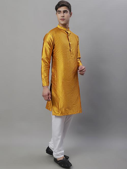 yellow mandarin neck self designed kurta payjama - 19970001 - Very Small Image - 1