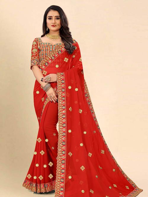 embroidered bordered saree with blouse - 19970524 - Very Small Image - 1