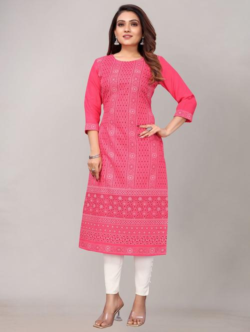 pink cotton blend straight kurta - 19971093 - Very Small Image - 1