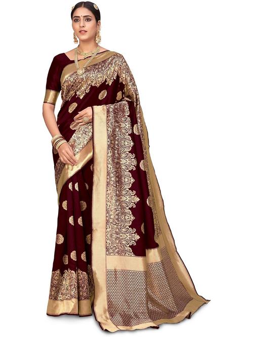 maroon jacquard banarasi saree with blouse - 19972908 - Very Small Image - 1