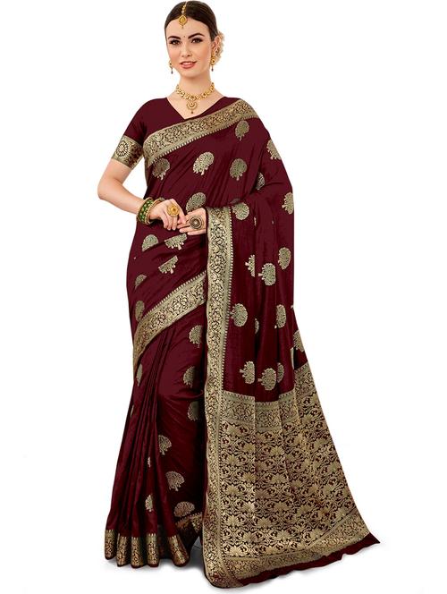 maroon jacquard banarasi saree with blouse - 19972935 - Very Small Image - 1
