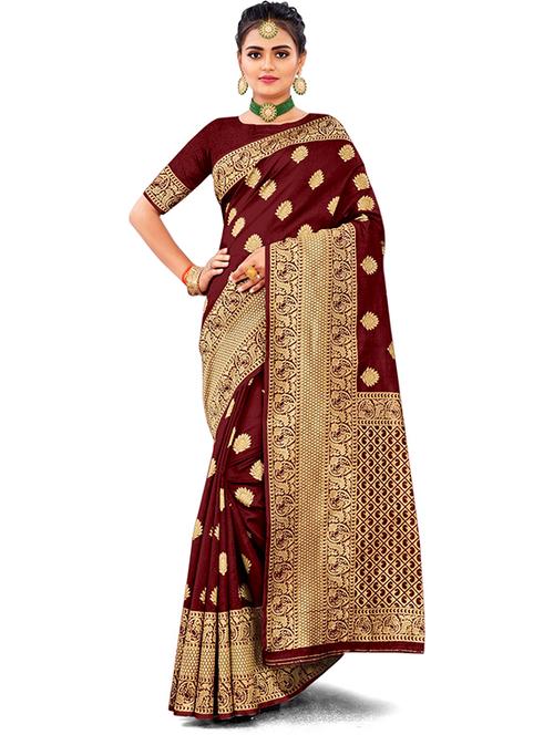 maroon jacquard kanjivaram saree with blouse - 19972941 - Very Small Image - 1