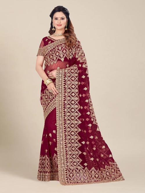 maroon embroidered saree with blouse - 19972988 - Very Small Image - 1