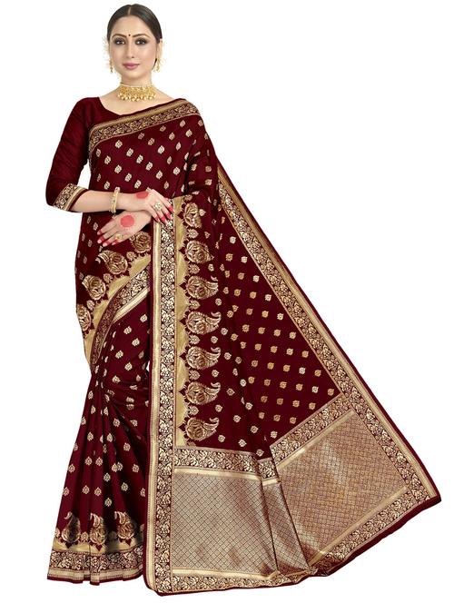 maroon jacquard banarasi saree with blouse - 19973008 - Very Small Image - 1