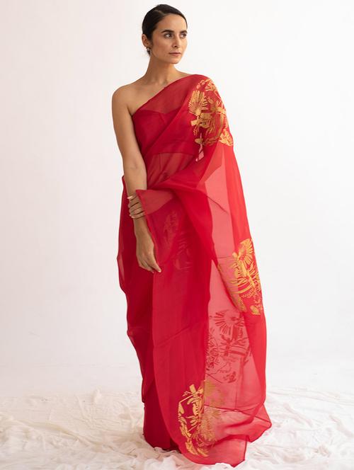 red self design printed saree - 19974071 - Very Small Image - 1